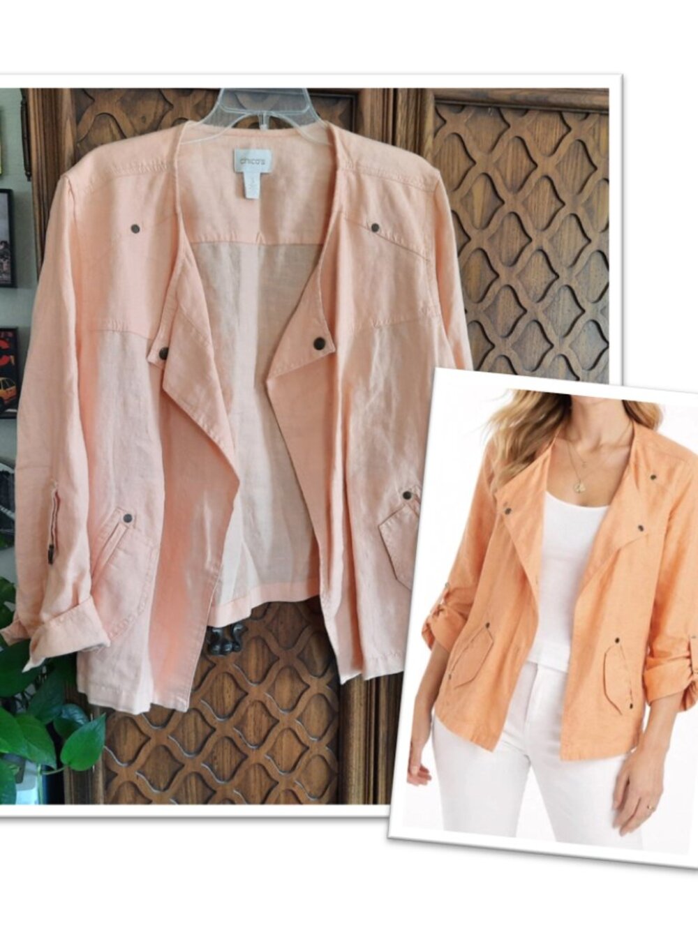 Chico's 100% Linen Open Front Tech Utility Jacket - Peach/Orange, Size 3 (Large)